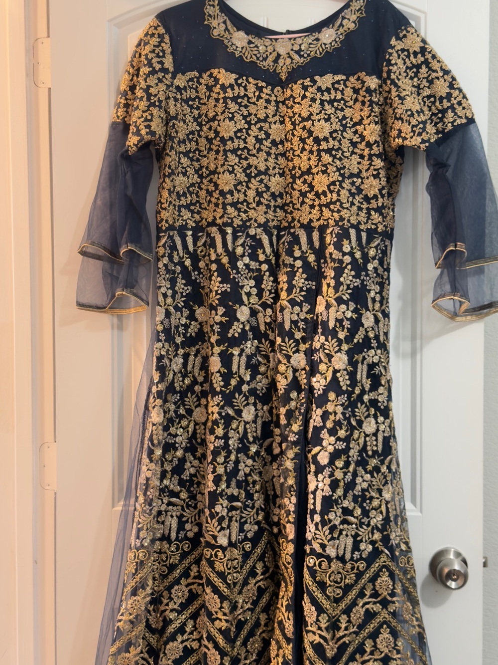 Navy Blue & Gold Embroidered Party Dress